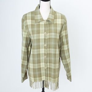 Fringe trim shacket wool blend flannel green Norton McNaughton 12